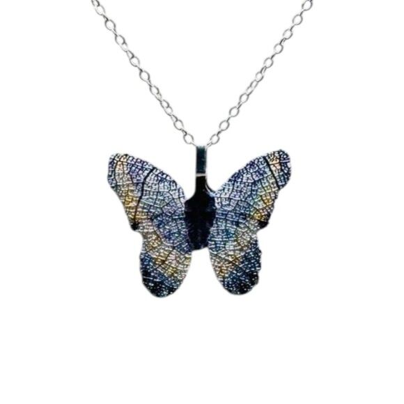 Vintage Jewelry - Blue and Silver Butterfly Pendant Indio Jewelry Necklace #7051